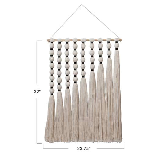 Hello Honey® 32" Ivory Boho Cotton Tassel Wall Hanging with Wood Beads